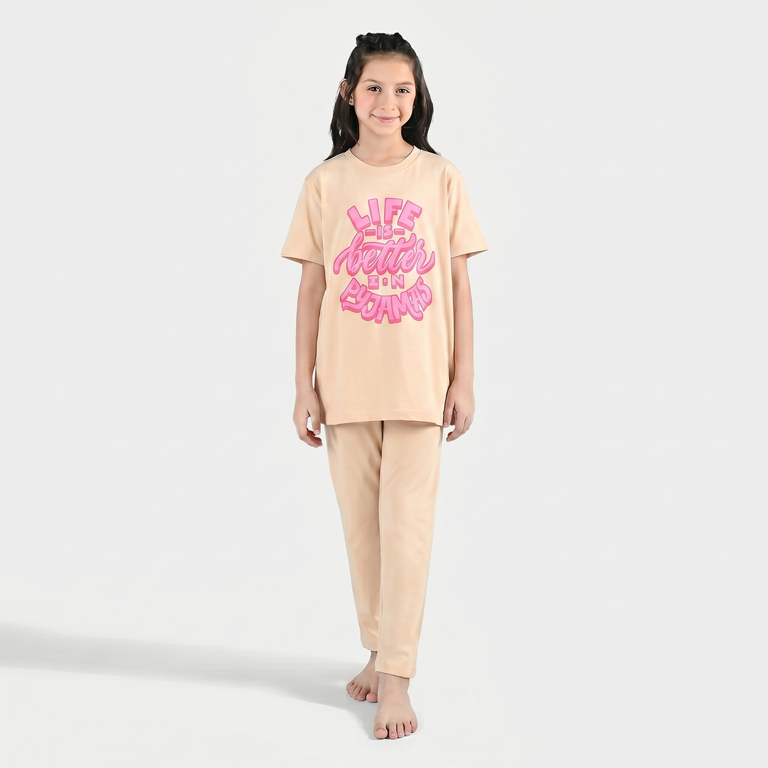 Girls PC Jersey Night Suit (Life is Better) – Brazilian Sand