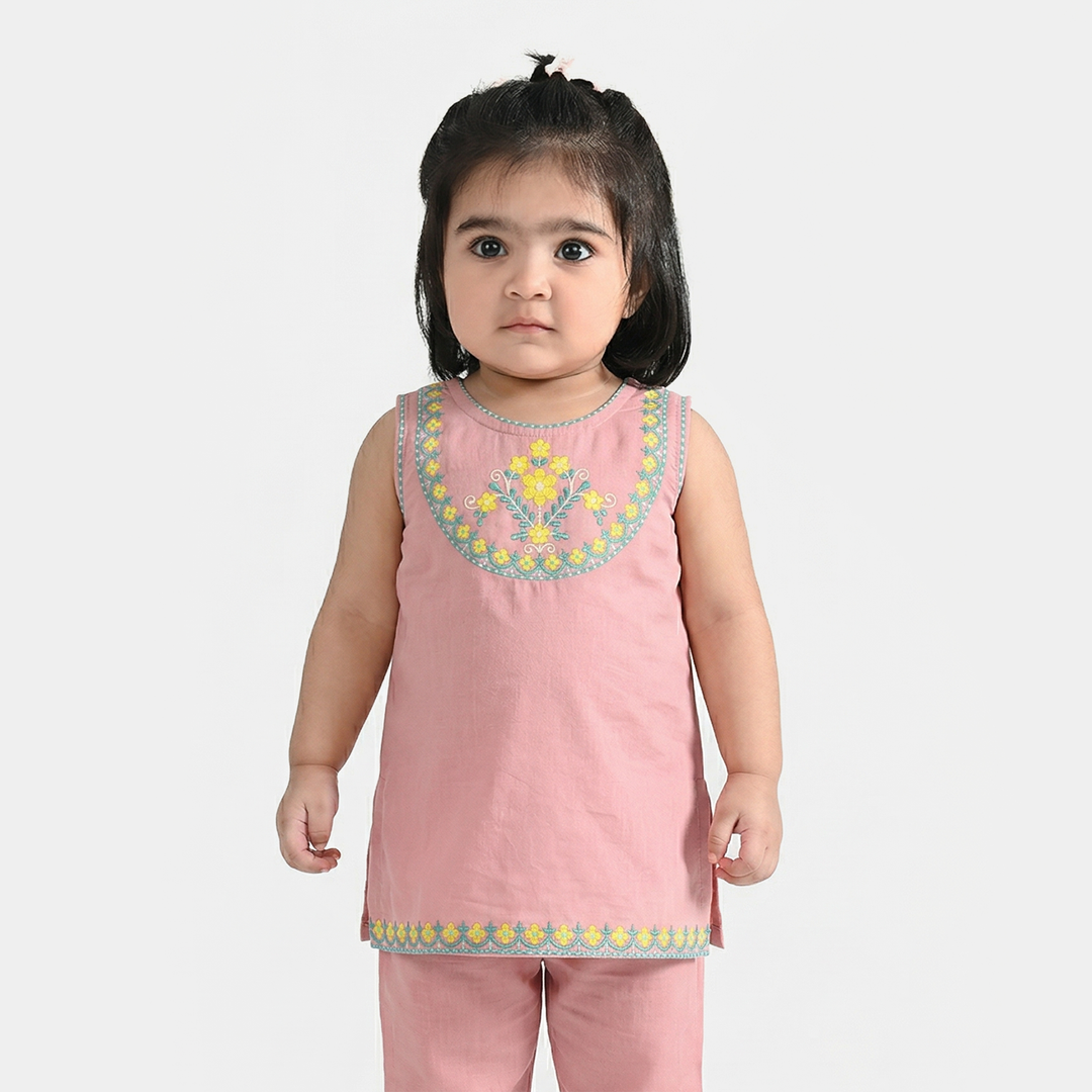 Infant Girls Cotton Slub Embroidered Kurti (Sama) - T.Pink