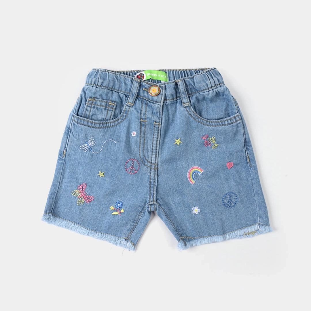 Infant Girls Embroidered Denim Stretch Shorts - Light Blue