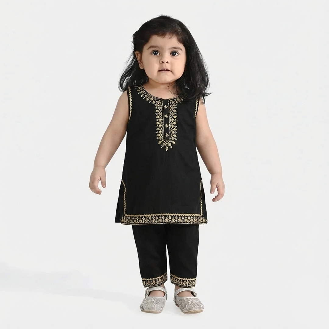 Infant Girls Raw Silk 2Pcs Gota Phool - Black