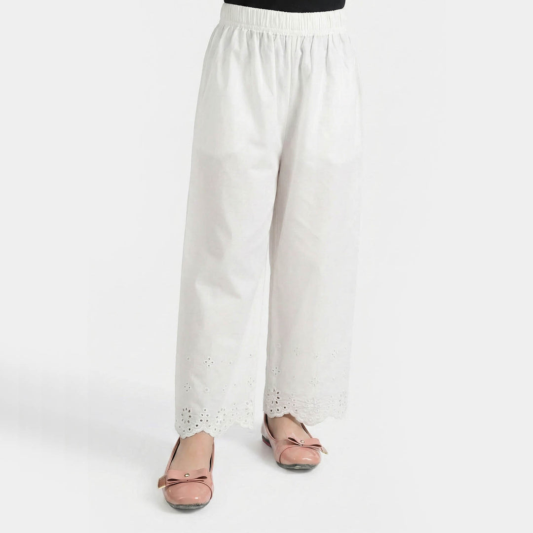 Girls Cotton Embroidered Pants Floral - White