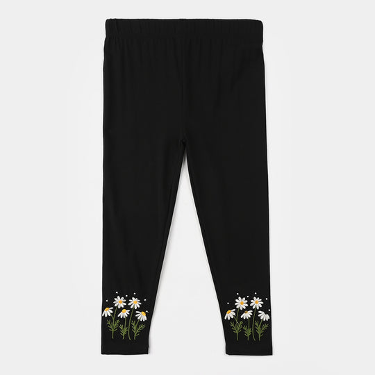 Girls Lycra Jersey Embroidered Tights (Daisy) - Black