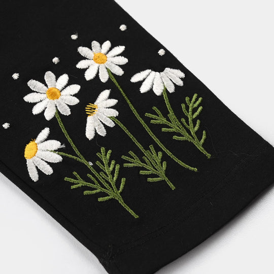 Girls Lycra Jersey Embroidered Tights (Daisy) - Black