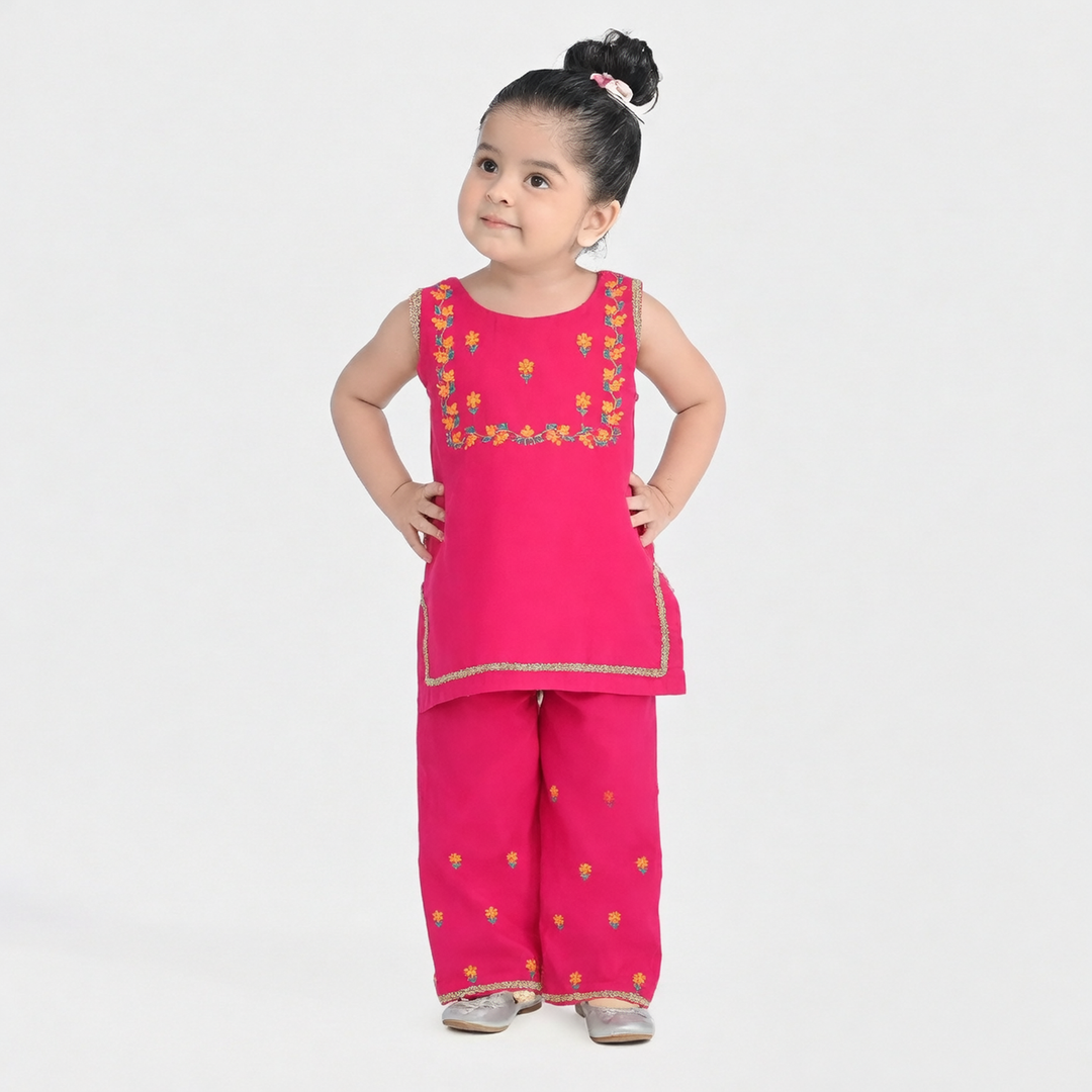 Infant Girls Poly Cambric 2Pc Set (Guddi) - Bright Pink