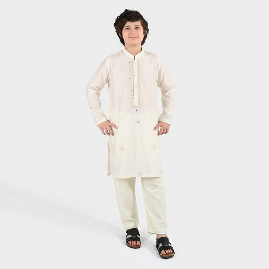 Boys Poly Viscose Kurta Pajama (Jagmag) - Cream