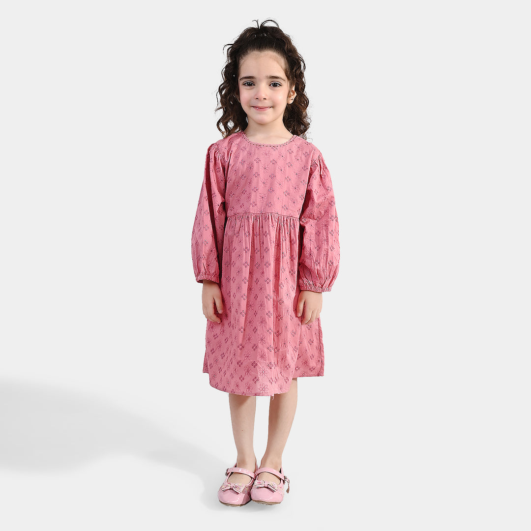 Girls Chikankari Casual Frock (Apricot) - Pink