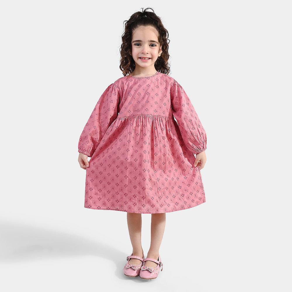 Girls Chikankari Casual Frock (Apricot) - Pink