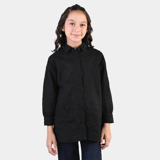 Girls Chikankari Embroidered Top (Bear) - Black