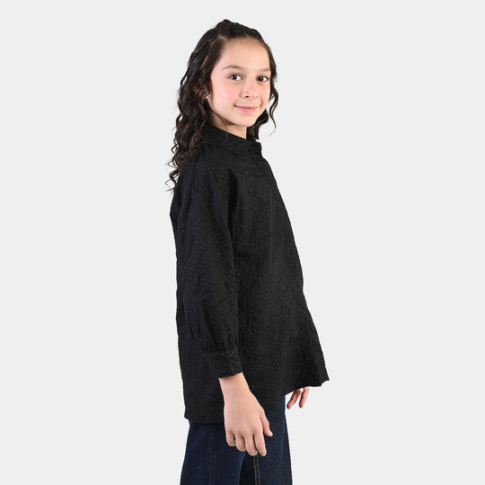 Girls Chikankari Embroidered Top (Bear) - Black