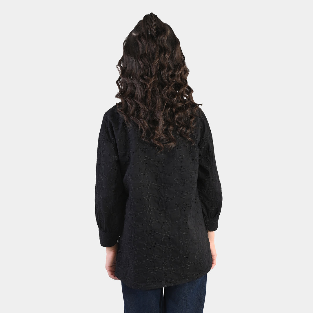Girls Chikankari Embroidered Top (Bear) - Black