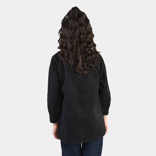 Girls Chikankari Embroidered Top (Bear) - Black