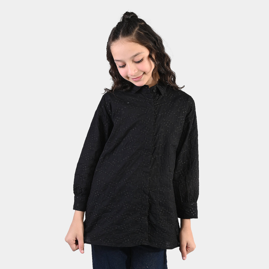 Girls Chikankari Embroidered Top (Bear) - Black