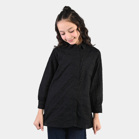 Girls Chikankari Embroidered Top (Bear) - Black