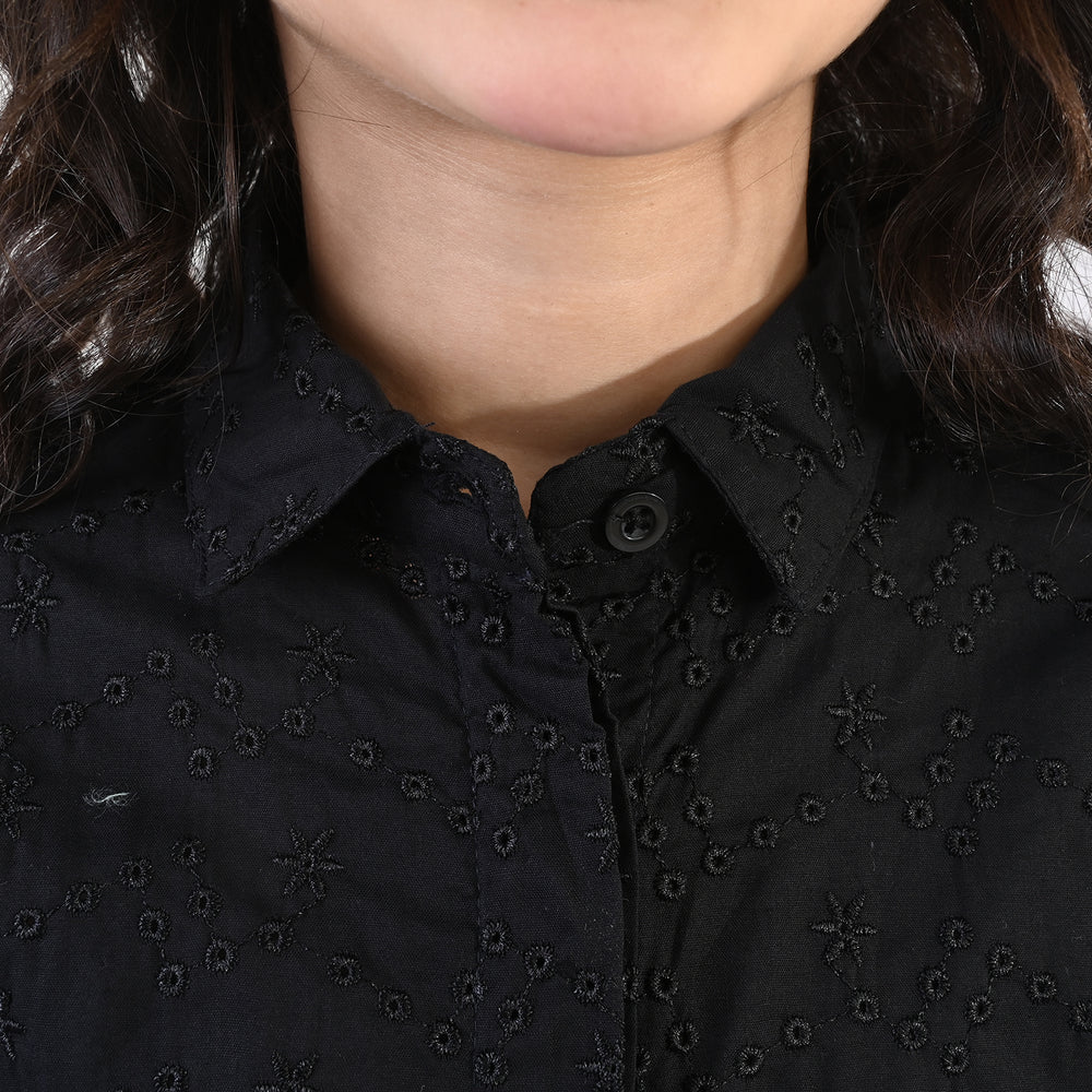 Girls Chikankari Embroidered Top (Bear) - Black