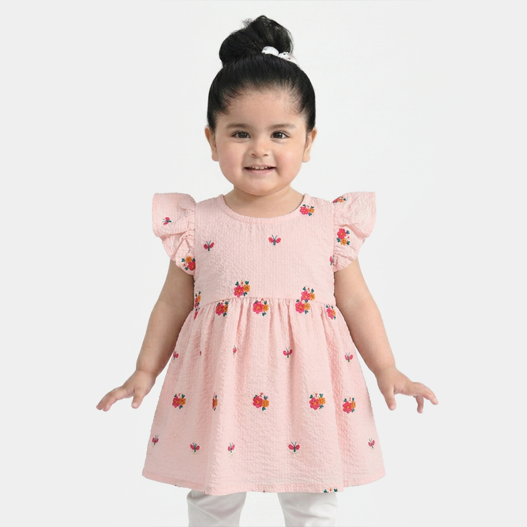 Infant Girls Poly Crinkle Embroidered Top (Butterfly & Flowers) - Baby Pink
