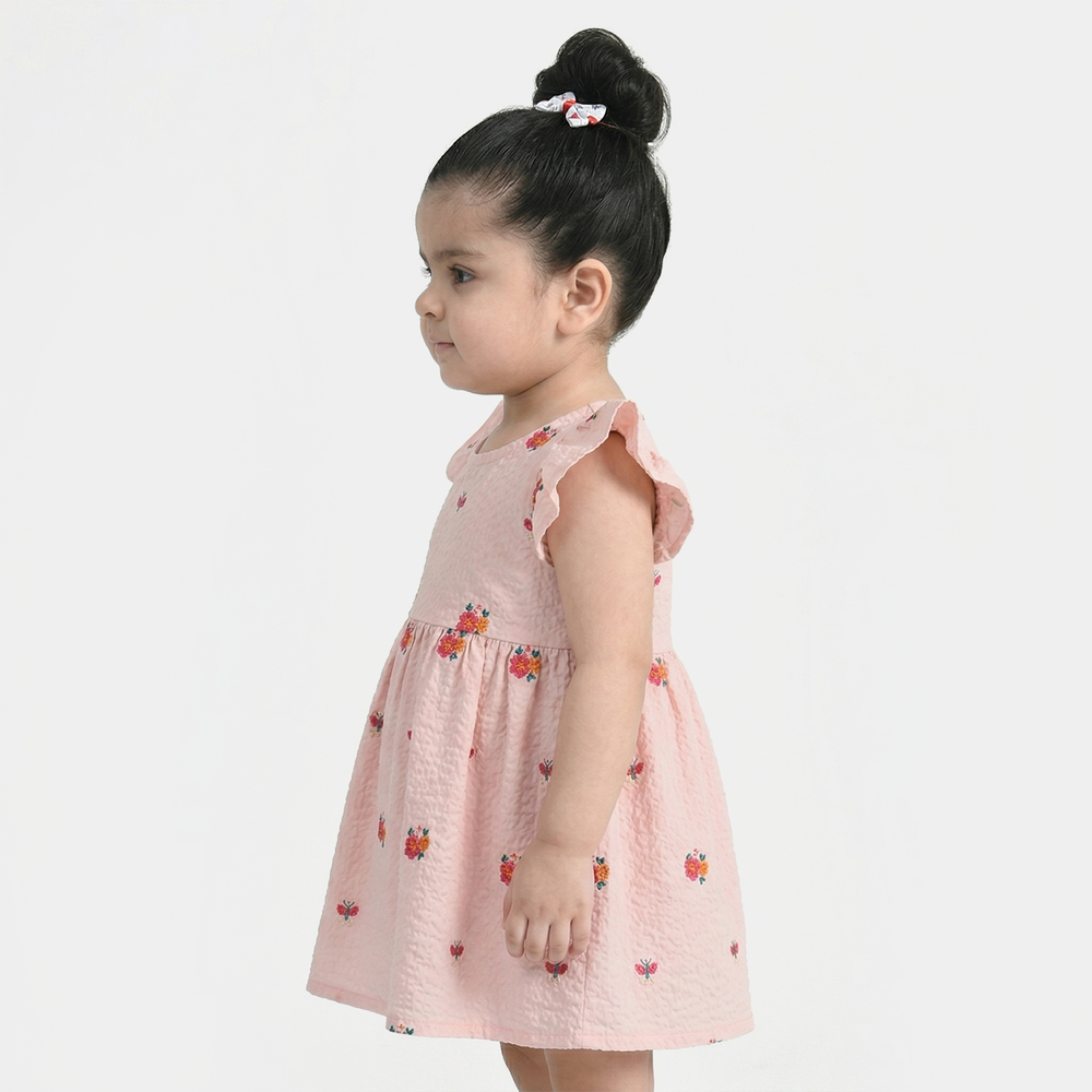 Infant Girls Poly Crinkle Embroidered Top (Butterfly & Flowers) - Baby Pink