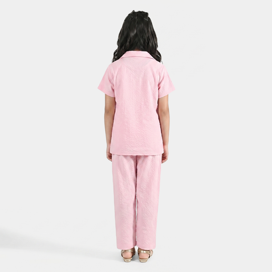 Girls Poly Crinkle Embroidered Co-Ord Set (Butterfly) - Light Pink