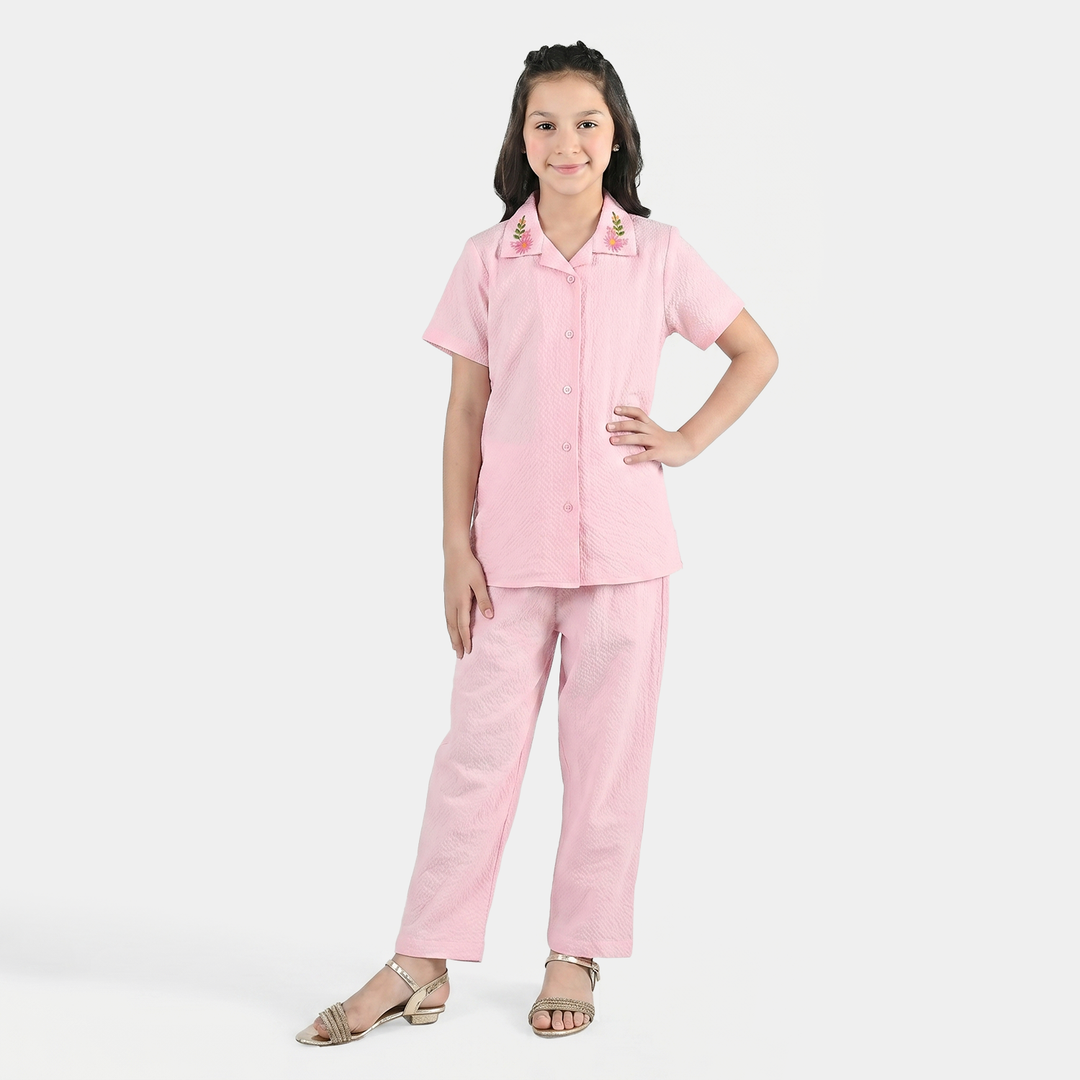 Girls Poly Crinkle Embroidered Co-Ord Set (Butterfly) - Light Pink