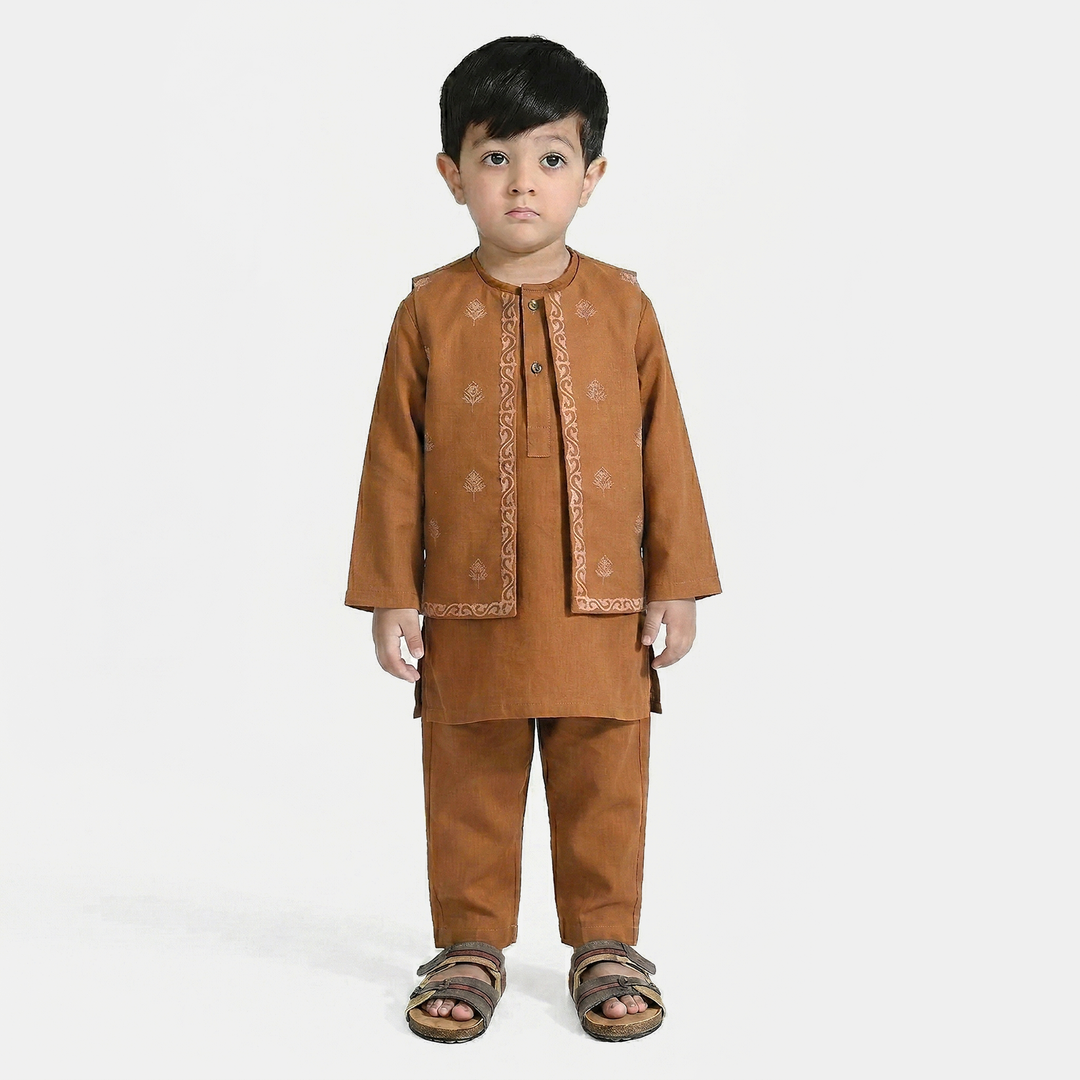Infant Boys Cotton Slub 3-Piece Suit - Brown