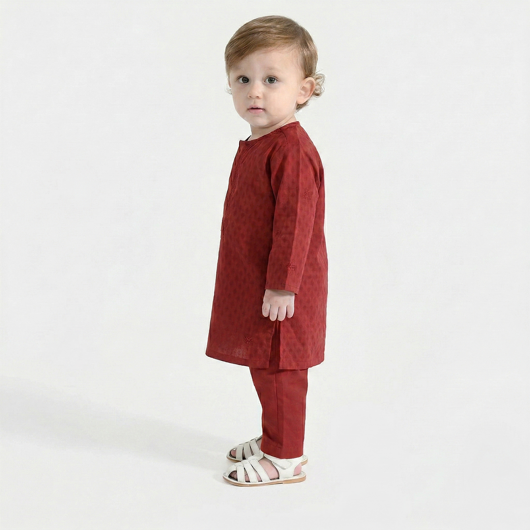 Infant Boys Cotton Jacquard Kurta Pajama (Chin Boti) - Red