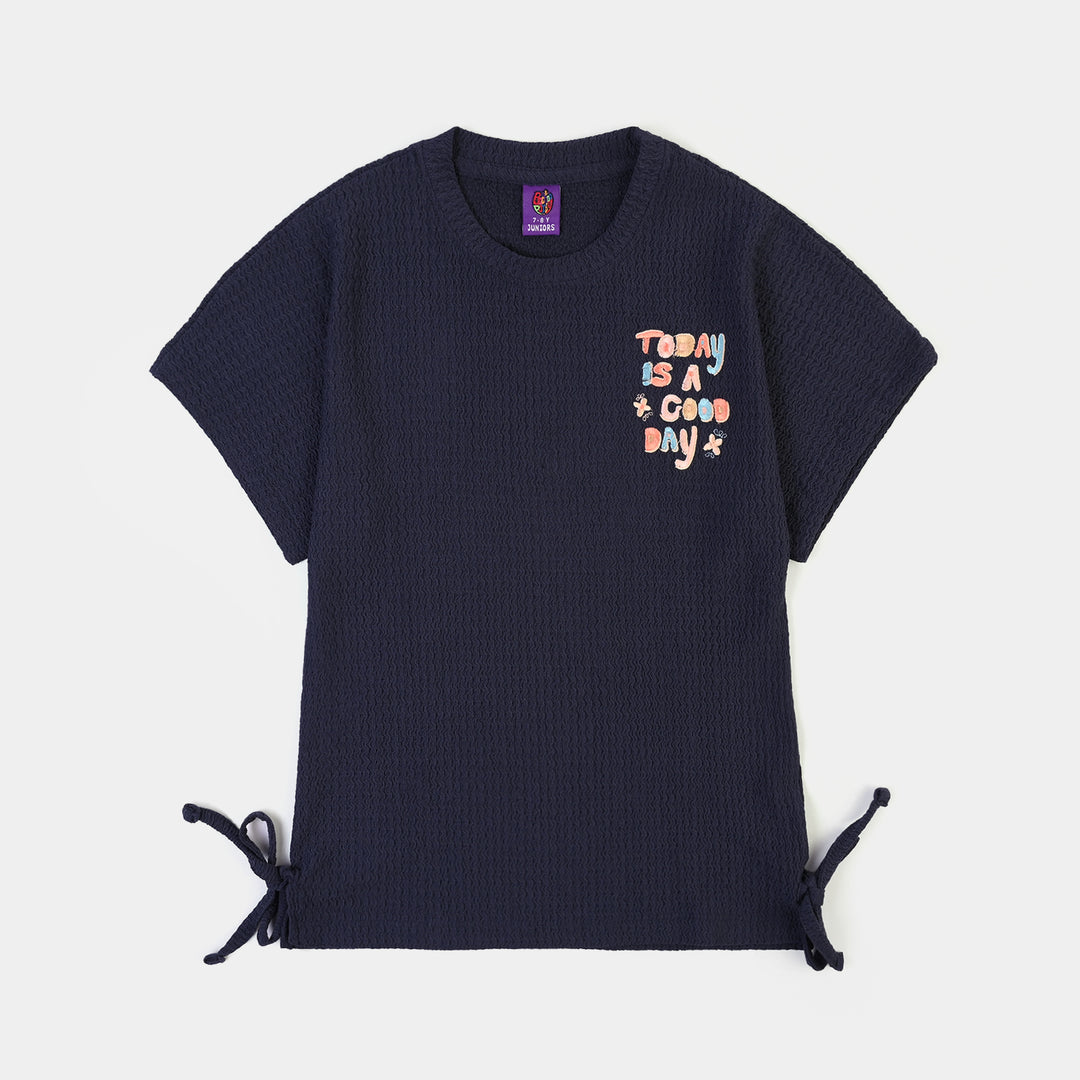 Girls Knitted Crinkle T-Shirt A Good Day-Blue
