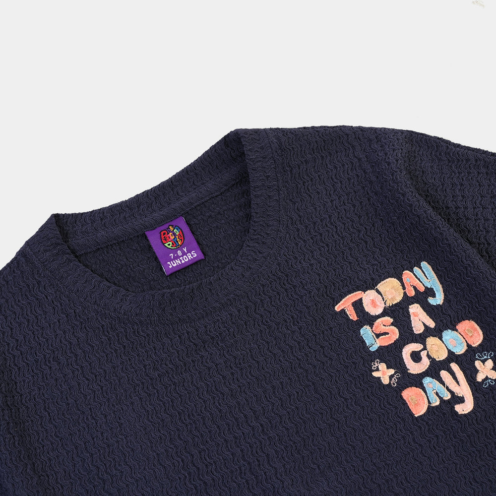 Girls Knitted Crinkle T-Shirt A Good Day-Blue