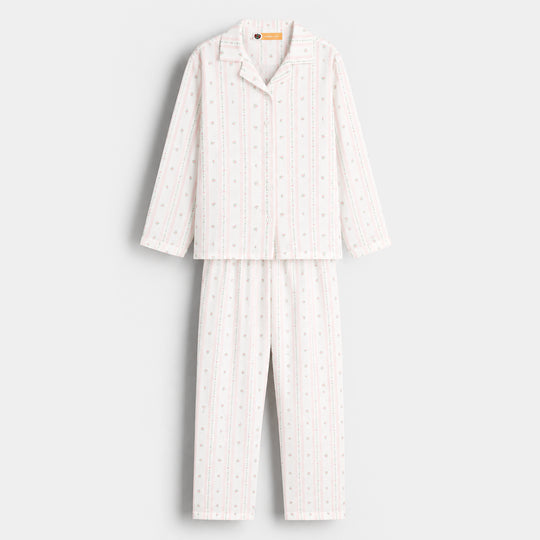Girls Linen Viscose Nightwear Pink Floral Stripe - White/Pink