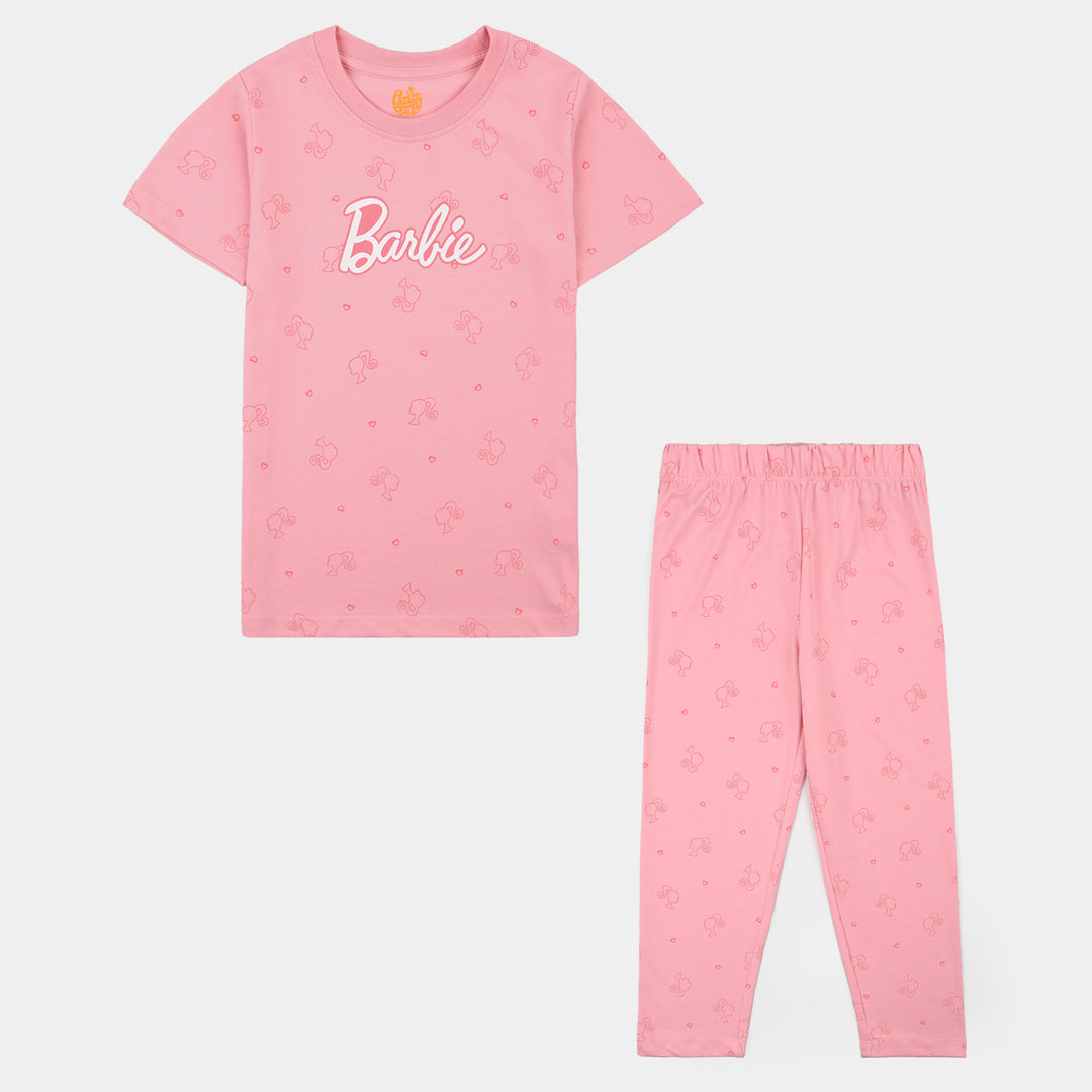 Girls Poly Cotton Jersey Night Suit Character- Pink