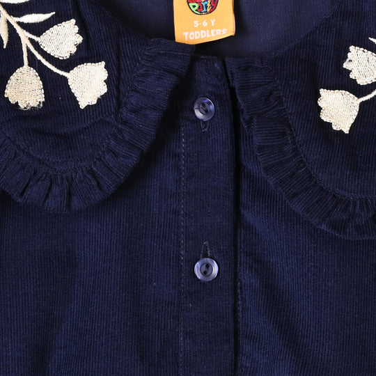 Girls Corduroy Emb Casual Frock Carbon - Navy Blue