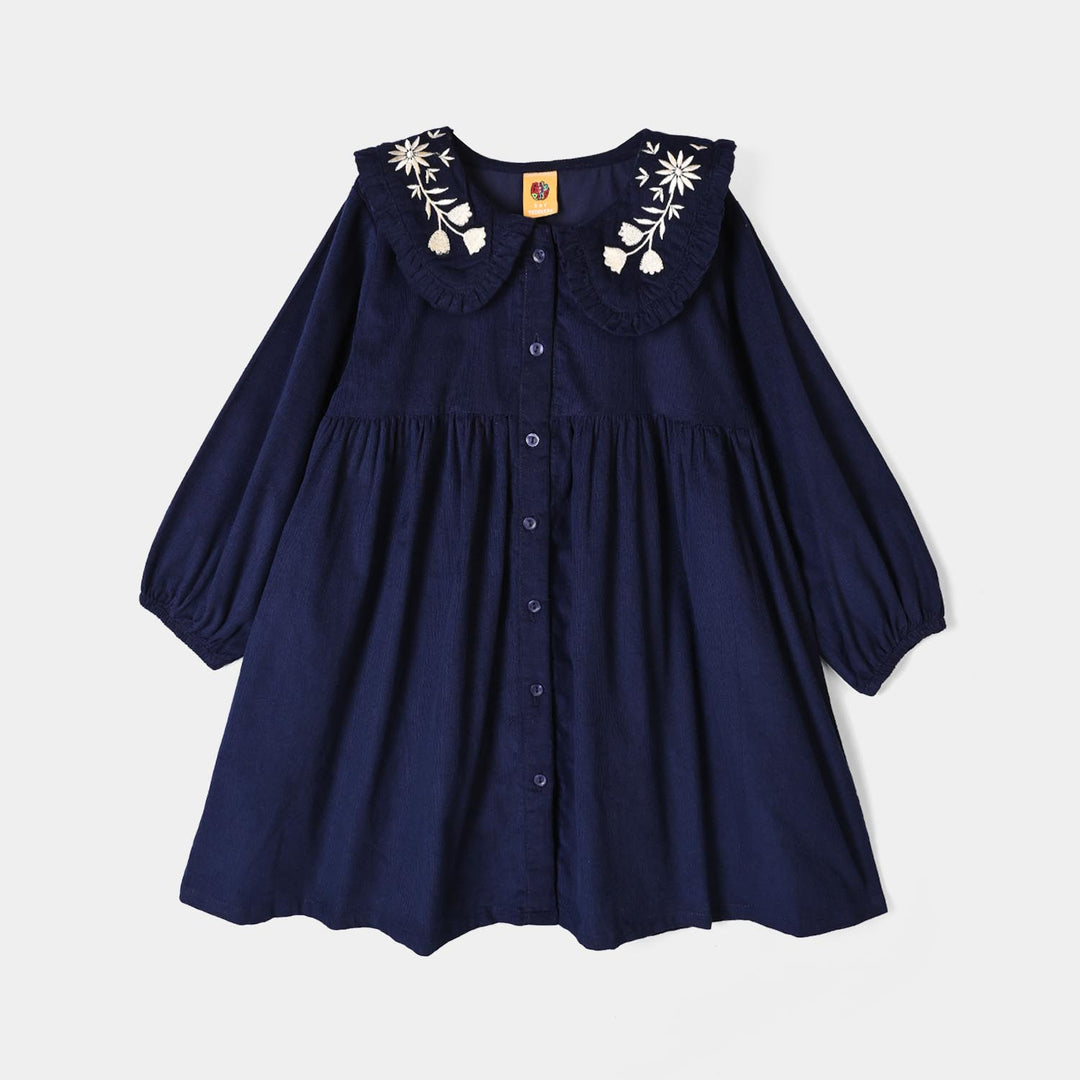 Girls Corduroy Emb Casual Frock Carbon - Navy Blue