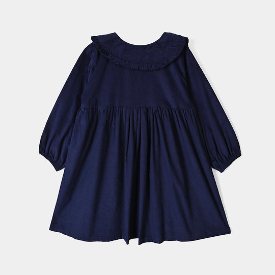 Girls Corduroy Emb Casual Frock Carbon - Navy Blue