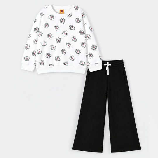 Girls Fleece 2 Piece Suit Floral-Off White Brown