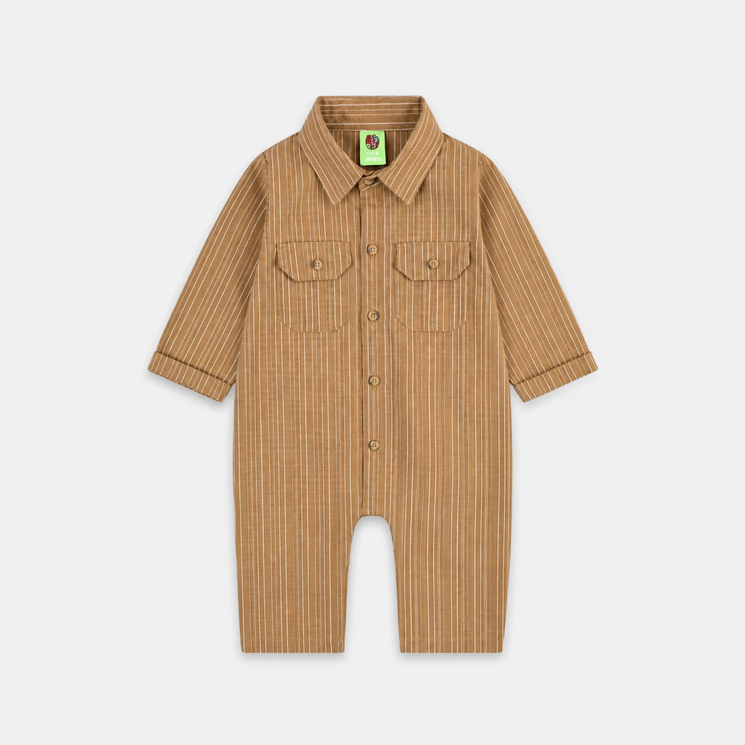 Infant Boys Yarn Dyed Woven Romper - Khaki - Brown