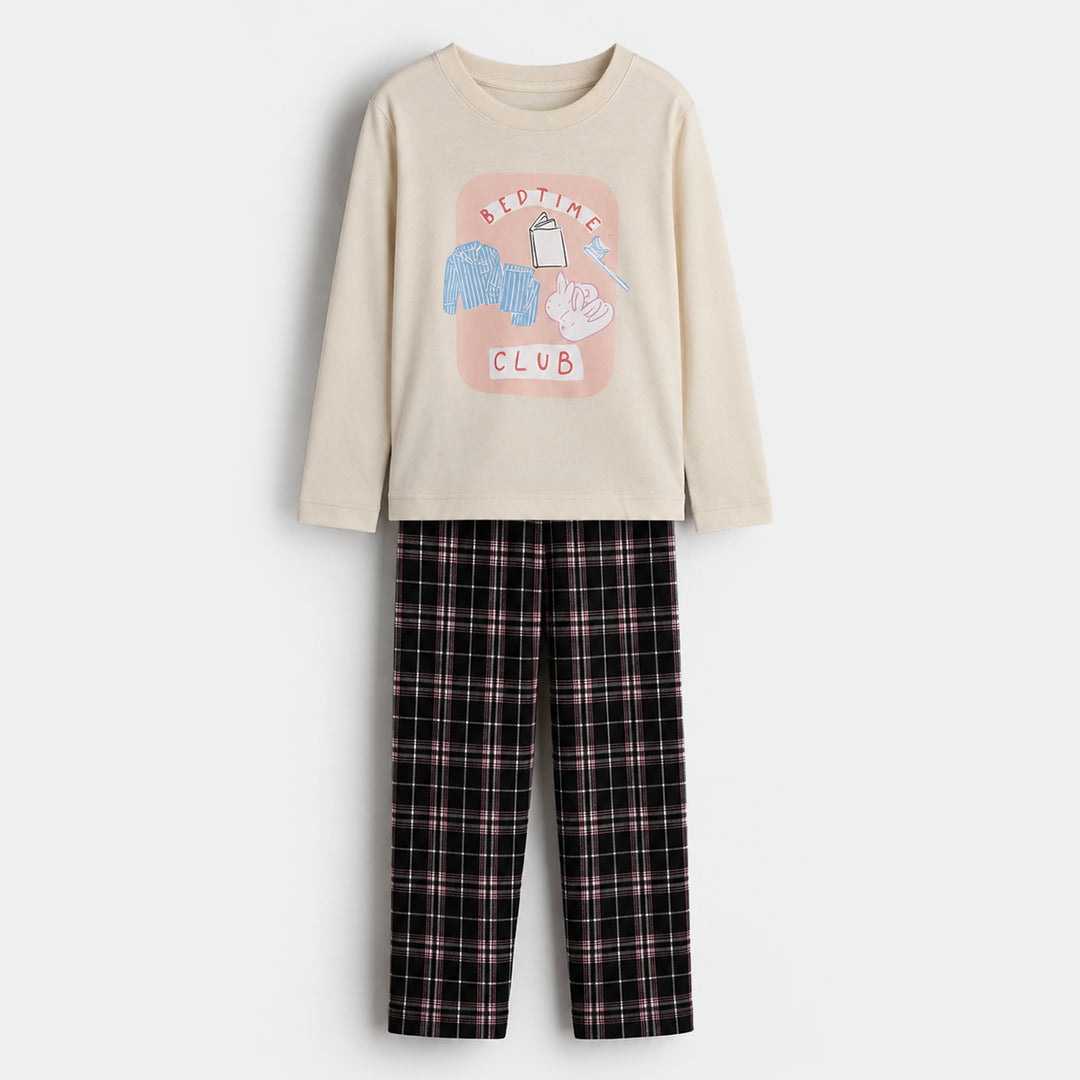 Girls PC Jersey Night Suit Bed time club-Off.White.Black