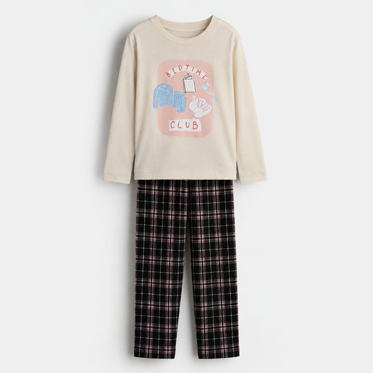 Girls PC Jersey Night Suit Bed time club-Off.White.Black