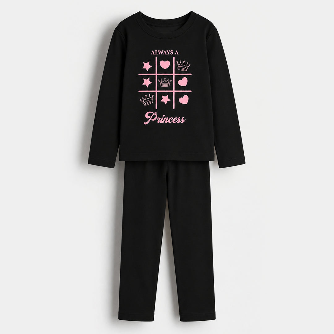 Girls Poly Cotton Jersey Night Suit Always A Princess - BLACK