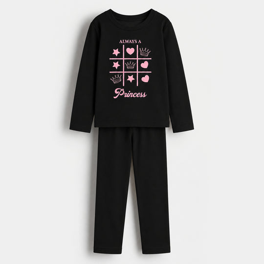 Girls Poly Cotton Jersey Night Suit Always A Princess - BLACK