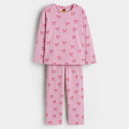 Girls PC Jersey Night Suit Bow Repeat-Pink