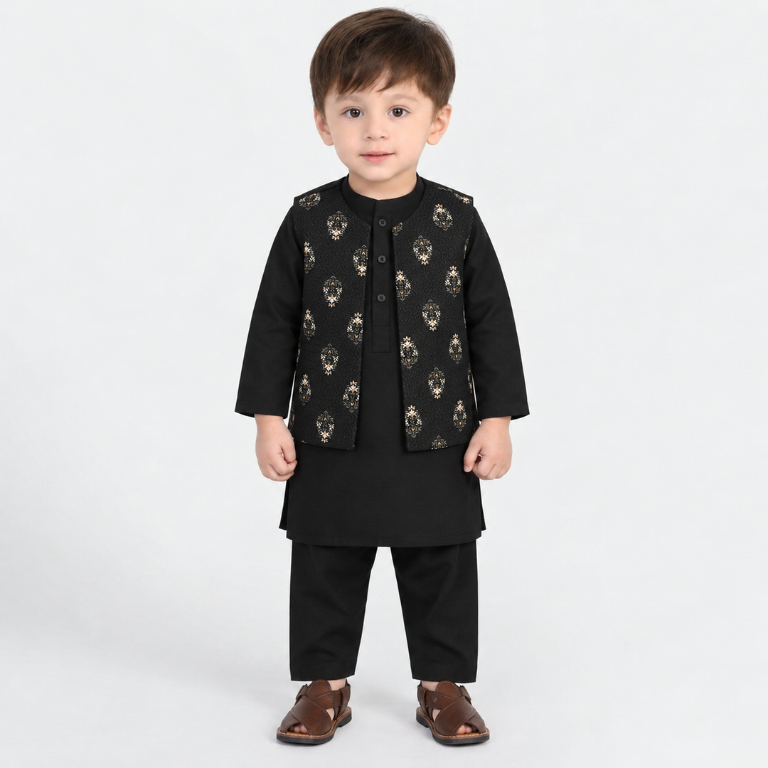 Infant Boys Cotton Slub 3Piece Suit (Gul-E-Rang)-BLACK