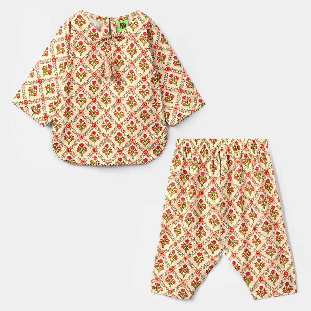 Infant Girls Cotton Printed 2Pcs Chamak - Cream
