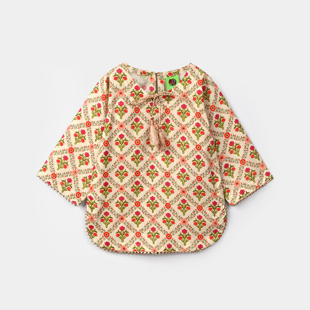 Infant Girls Cotton Printed 2Pcs Chamak - Cream