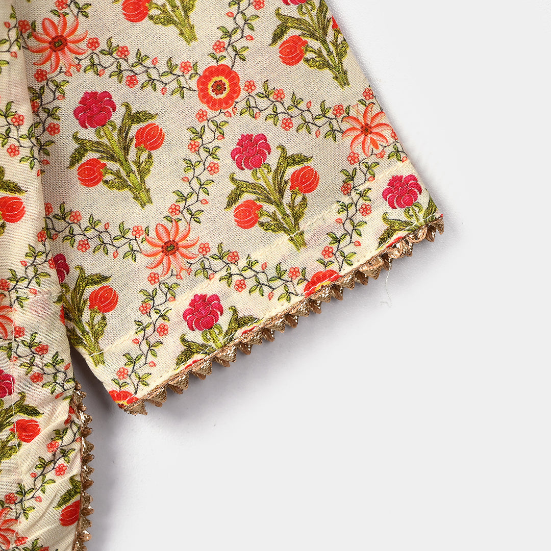 Infant Girls Cotton Printed 2Pcs Chamak - Cream