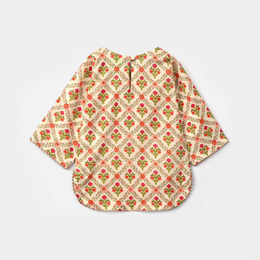 Infant Girls Cotton Printed 2Pcs Chamak - Cream