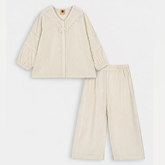 Girls Seersucker Co-Ord Set Caramel-Off White