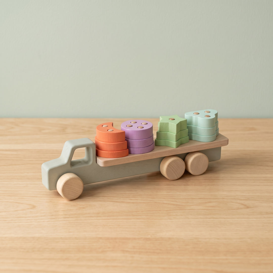 Educational Wooden Four-Pillar Shape Sorting Truck for Kids
