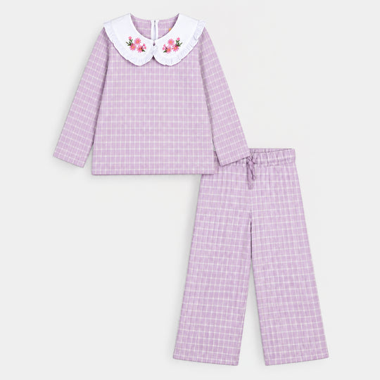 Girls Yarn Dyed 2Pcs Suit Flower Embroidery-Purple