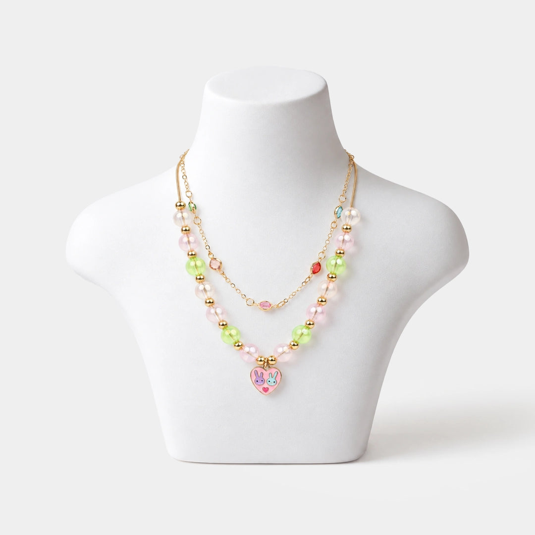 2-in-1 Chain Beads Pink Heart Pendant Necklace