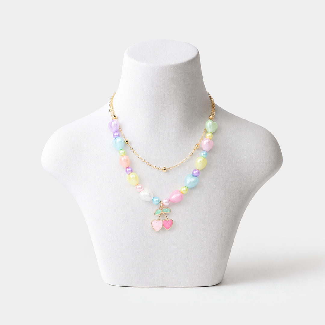 2-in-1 Chain Beads Pink Cherry Pendant Necklace