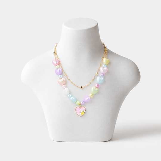 2-in-1 Chain Beads Pink Heart Pendant Necklace