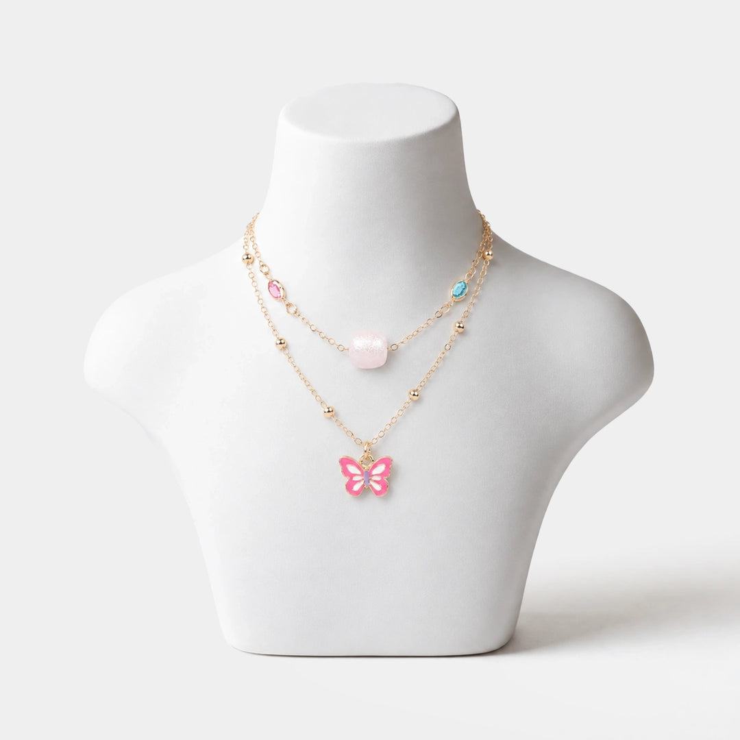 2-in-1 Chain Beads Pink Butterfly Pendant Necklace